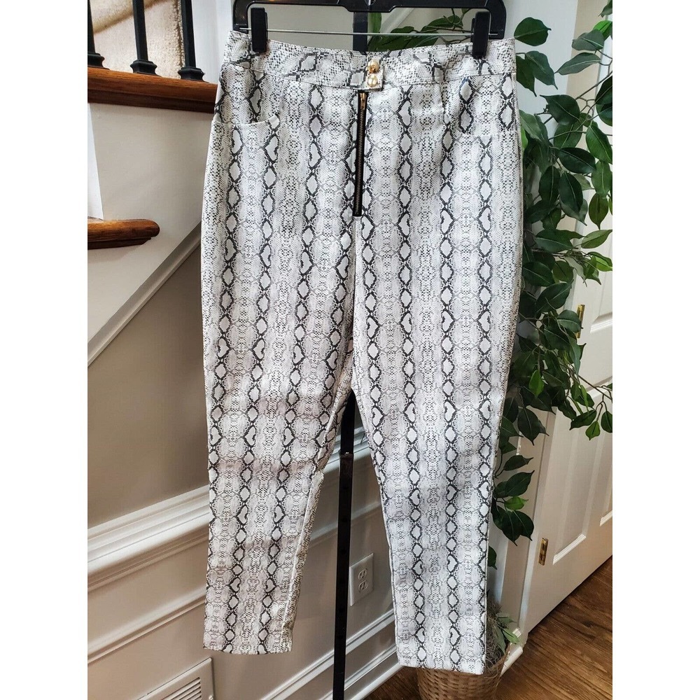 Prettylittlething Women's Grey Zip Snake Print Mid Rise Skinny Legs Trouser 8